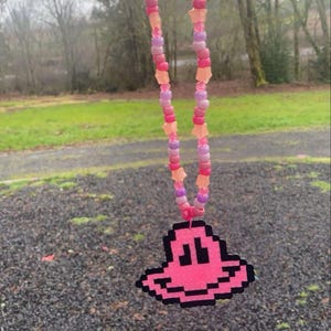 Pink Glow in the dark Smiley Perler / rave accessories /festival accessories /Perler Necklace /rave Perler/Blacklight Perler/Perler Necklace