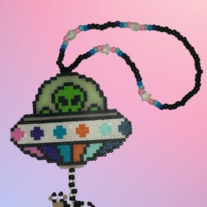 Alien Spaceship Perler / rave accessories / festival accessories / Perler Necklace / rave Perler / Alien Abduction Perler / Glow in the dark