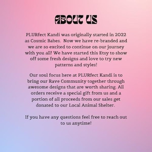 May include: A gradient pink and blue background with the words "ABOUT US" in a stylized black font. The text describes the shop's origins, mission, and commitment to the rave community and animal shelters.