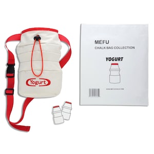 May include: A white chalk bag with a red drawstring and strap, featuring the word "Yogurt" in a red oval. Includes a white paper with "MEFU CHALK BAG COLLECTION" and a yogurt bottle illustration. Two yogurt bottle stickers are also included.