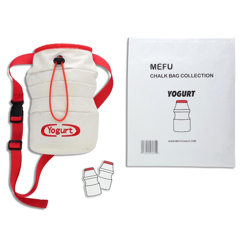 May include: A white chalk bag with a red drawstring and strap, featuring the word "Yogurt" in a red oval. Includes a white paper with "MEFU CHALK BAG COLLECTION" and a yogurt bottle illustration. Two yogurt bottle stickers are also included.