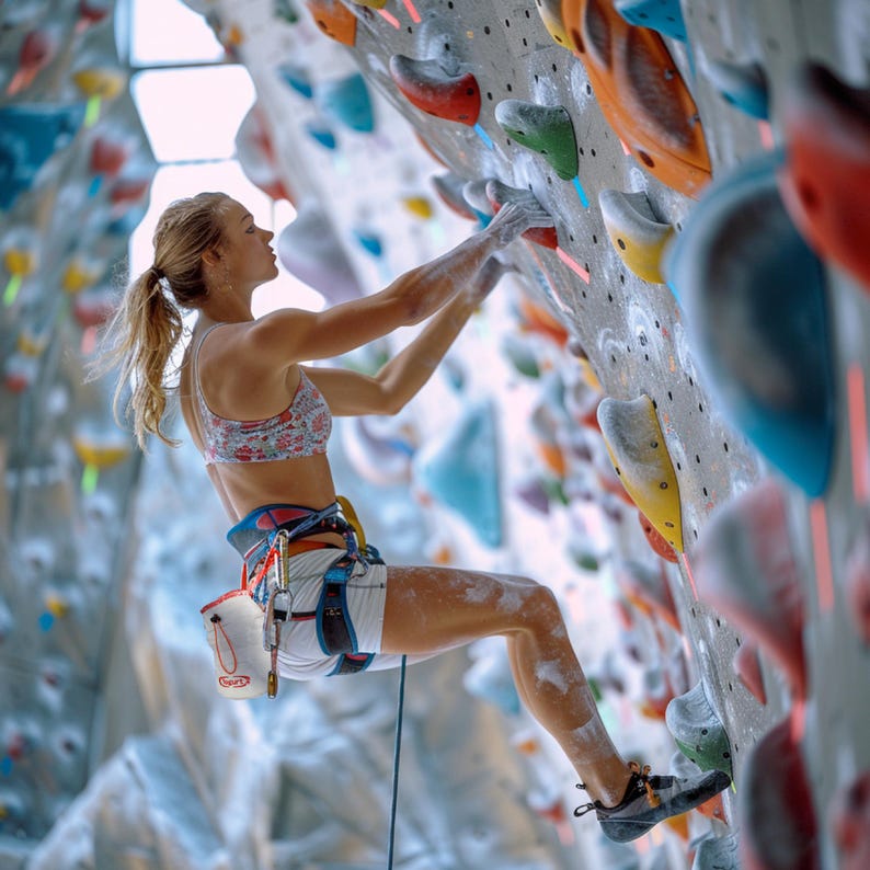 May include: A person climbing a colorful indoor rock climbing wall. The climber is wearing a floral print sports bra, white shorts, and a climbing harness. The wall has various colored handholds and footholds.