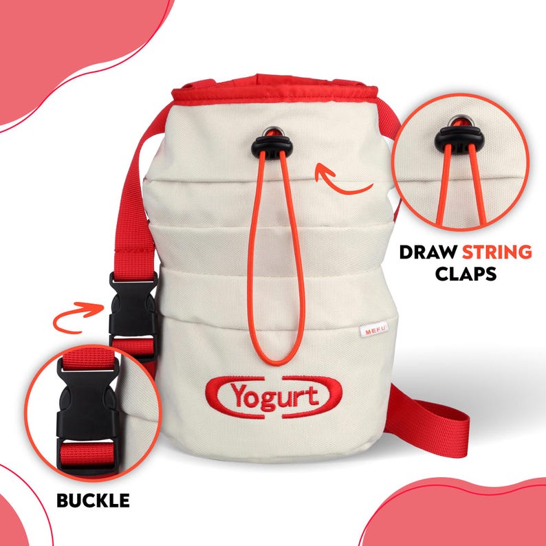 May include: Off-white bag with red accents, featuring a drawstring closure and a buckle. The bag has a red strap and the word "Yogurt" embroidered in red. The bag is designed with a rounded shape and a textured surface.