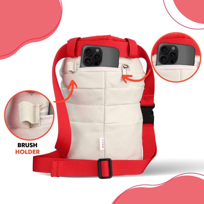 May include: Cream-colored quilted fanny pack with a red strap and accents. Features a zippered pocket and a brush holder. The pack has a black buckle and a pocket that holds a smartphone. The brand name "MEFU" is visible on the side.