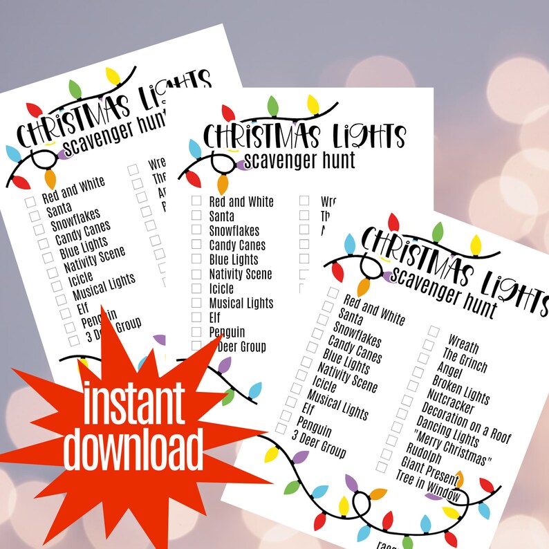 Christmas Lights Scavenger Hunt DIGITAL DOWNLOAD PRINTABLE image 1