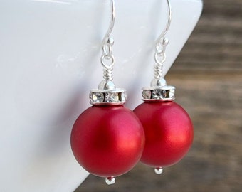 Red Pearl Christmas Ball earrings, Festive Holiday earrings, Winter Jewelry, crystal pearl earrings, Gift for her