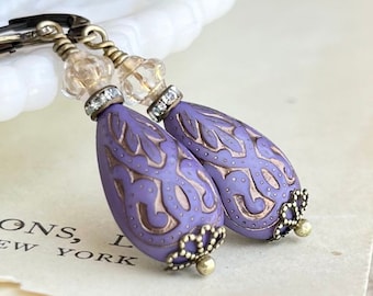 Purple and gold Vintage style teardrop earrings, Lace style Filigree earrings, Baroque drop earrings, Czech glass, gift for her