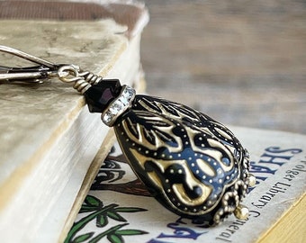 Black Filigree Teardrop Earrings, Vintage Style, Swarovski Crystal