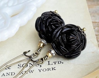 Black Rose earrings, Vintage Style Noir jewelry, Mourning jewelry, Goth earrings, Victorian style, Shabby Chic, gift for her