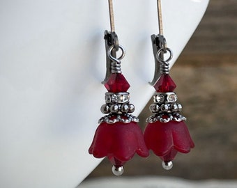 Merlot Red Bell flower earrings, Dark Romantic floral earrings, Gunmetal jewelry, Victorian style gothic jewelry, Gift for her