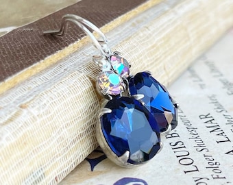 Sapphire Blue Vintage Glass Crystal jeweled earrings, September Birthstone jewelry, gift for her, Estate style earrings, sterling silver