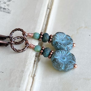 Blue rustic flower earrings, Copper Czech glass earrings, floral drop earrings, women’s gift idea for her