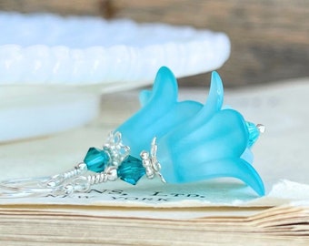 Aqua Blue Lucite lily flower earrings, Sterling silver floral drop earrings, Bell flower earrings, Handmade Gift for her