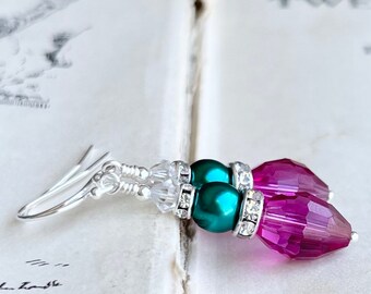 Fuchsia And teal Crystal earrings, Vintage Swarovski earrings, sterling silver jewelry, Gift for her