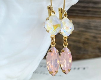 Rose Pink opal Vintage glass Jeweled earrings, Rhinestone drop earrings, October Birthstone, Gift for her, pink earrings