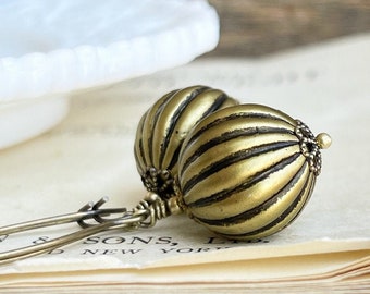 Chunky Gold striped earrings, Matte Gold and black ball drop earrings, Antique Style earrings, Gift for her