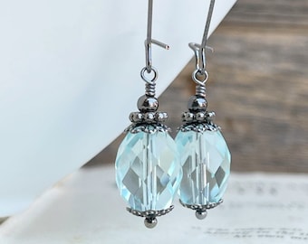 Aqua blue Czech glass earrings, gunmetal earrings, dangle earrings, drop earrings, light blue, sky blue, vintage style, dkjewels