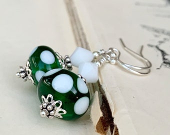 Green and white lampwork earrings, lampwork glass earrings, Christmas earrings, drop earrings, Winter jewelry, polka dot earrings, Holiday