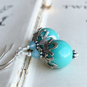 Turquoise blue Swarovski crystal pearl earrings, Aqua Sea foam blue earrings, sterling silver earrings, Bridal wedding jewelry, Gift for her