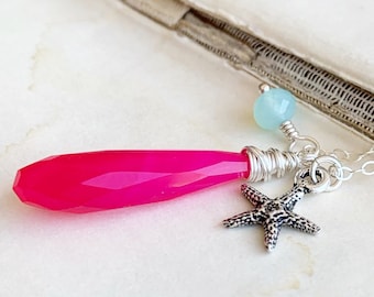 Neon Hot pink necklace, Chalcedony Gemstone jewelry, Beachy starfish, watermelon pink aqua blue, Christmas Beach lover gift idea