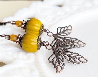 Mustard Yellow Czech glass Maple leaf earrings, Yellow Pumpkin earrings, Vintage style Autumn Fall jewelry, gift for her