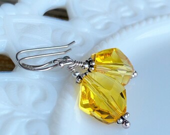 LAST PAIR Sunflower yellow Crystal earrings in sterling silver, Mustard yellow earrings, yellow jewelry, Summer fall earrings, gift idea