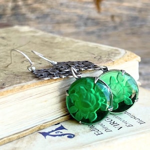 Vintage Emerald Green Intaglio Rose earrings, West German Glass and filigree earrings, Unique Gift for her