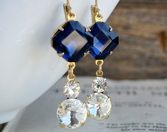 Sapphire blue and Crystal Jewel earrings, Vintage Glass estate jewelry, Art Deco style earrings, Bridal wedding, September Gift for her