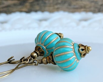 Turquoise blue and brass Vintage style earrings, Lantern drop earrings, Boho Style jewelry, Aqua blue gift idea for her