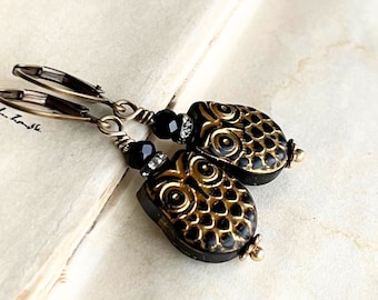 Black and Gold Owl Earrings, Vintage style Czech glass Brass drop earrings, Fall Autumn Halloween, Boho style Gift for her