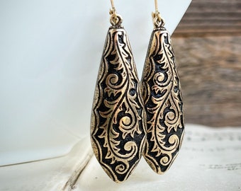 Gold Victorian Style Teardrop earrings, Vintage  Style Gold Chunky earrings, Filigree etched earrings, Long drop earrings, Gold and black