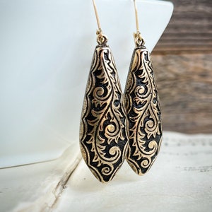 Gold Victorian Style Teardrop earrings, Vintage Style Gold Chunky earrings, Filigree etched earrings, Long drop earrings, Gold and black image 1