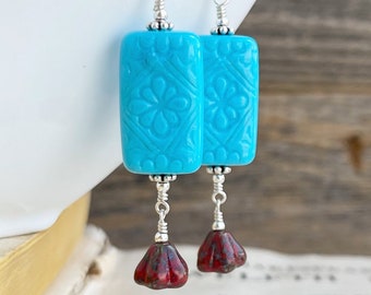 Turquoise blue and red earrings, Vintage lucite tile earrings, bohemian style earrings, gift for her