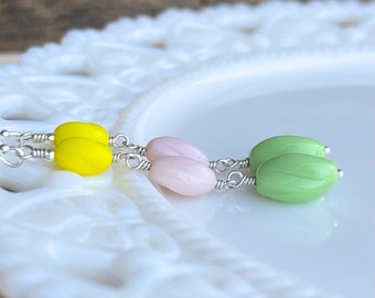 Pastel Twisted Vintage glass earrings, Sterling silver 1950’s inspired dangle earrings, Spring Gift for her, Green pink yellow