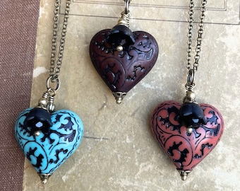 Victorian Style Heart Necklace, Floral Heart pendant, Valentines day jewelry, Romantic Gift for her, Red, Teal or Dark Chocolate