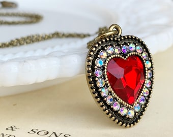 Victorian style Valentines Day Crystal heart Necklace, Vintage style Red Heart pendant, Gift for her, Romantic Love necklace