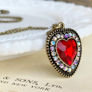 Victorian style Valentines Day Crystal heart Necklace, Vintage style Red Heart pendant, Gift for her, Romantic Love necklace