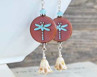 Pink Czech glass Dragonfly lily earrings, Sterling silver drop earrings, pink and blue earrings, Gift for her