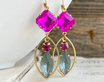 LAST PAIR Fuchsia and Aqua Vintage Glass Jeweled earrings, Marquise Crystal drop earrings, Brass Unique Estate style earrings, gift for her