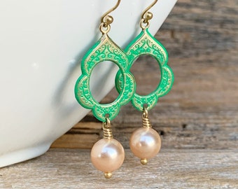 Green Brass drop earrings, Peach pearl earrings, Vintage shabby chic earrings, boho style jewelry, gift idea for her