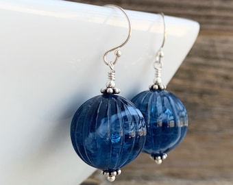 Blue swirl drop earrings,  vintage lucite earrings, sterling silver earrings, denim blue earrings, retro earrings, gift for her, modern