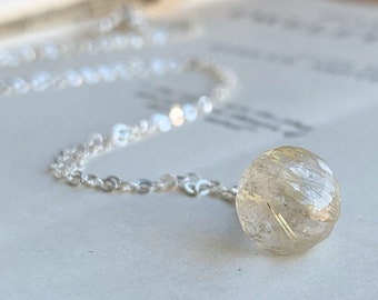 Golden Rutilated Quartz Pendant Necklace, Sterling Silver Wire Wrapped