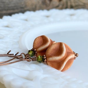 Orange Fall earrings, Autumn earrings, Rustic earrings, lucite Jewelry, copper drop earrings, Burnt orange olive green, gift idea for her image 1