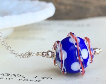 Patriotic Sterling Silver Necklace, Red White Blue Lampwork Bead