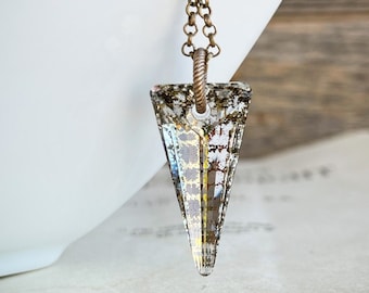 Golden Patina Spike Crystal necklace, Modern geometric jewelry, Mercury glass jewelry, Vintage style brass necklace, Gift for her