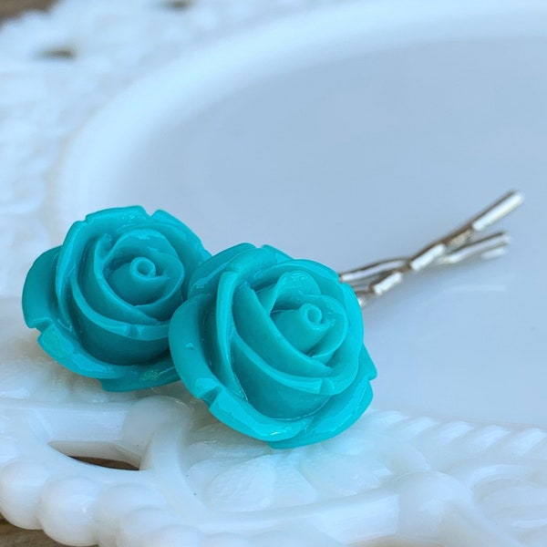 Teal aqua blue rose flower bobby pins, floral hairpins, flower hair clips, wedding accessories, hair accessories, gift ideas for her