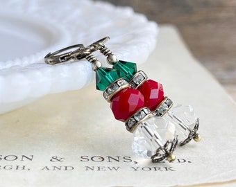 Vintage Style Christmas earrings, Handmade Red white and green Holiday earrings, Festive Winter jewelry, Gift idea for her