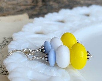 Summer earrings in yellow white blue, Vintage German Glass Earrings, drop earrings, bright colored earrings, modern retro earrings, gift