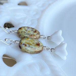 Czech glass white flower drop earrings, speckled czech glass floral earrings, sterling silver Czech glass earrings