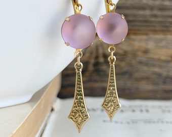 Mauve rose pink Vintage glass Jewel earrings, Gold drop earrings, matte glass estate style jewelry, gift for her